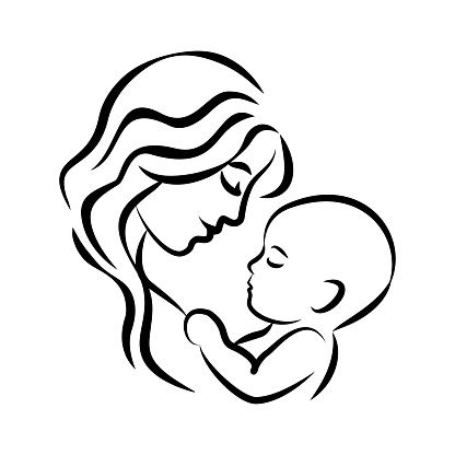 Black-and-white line art of a woman cradling a baby, symbolizing maternal care and bonding.