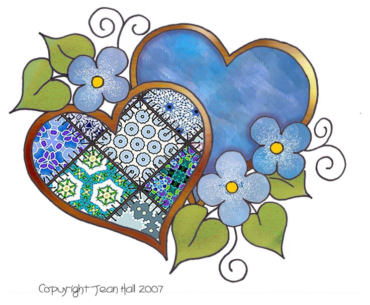 Decorative blue heart with mosaic patterns, surrounded by forget-me-not flowers and green leaves, artistic illustration by Jean Hall.