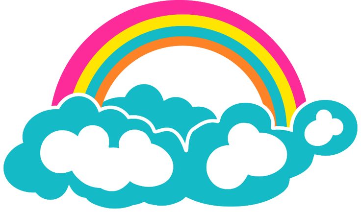 Colorful rainbow arching over stylized turquoise clouds with white highlights.