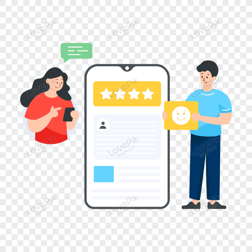 Two people giving and viewing a 5-star mobile app review on a smartphone screen.