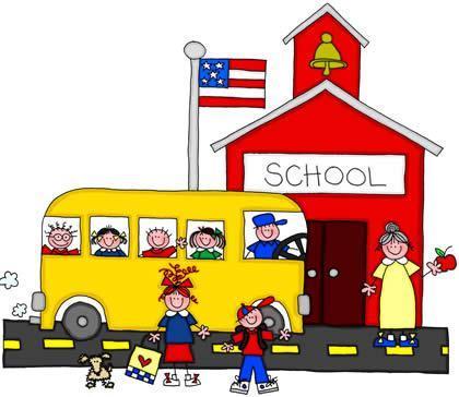 Cartoon school scene with red building, yellow bus, children, teacher, and American flag.