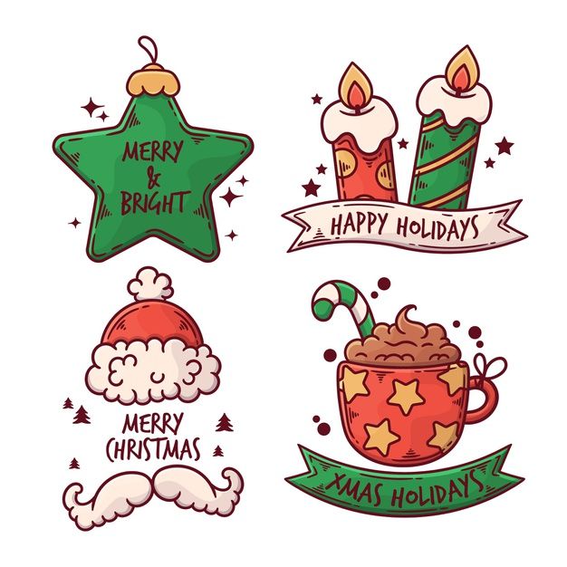 Four festive holiday illustrations: star ornament, candles, Santa hat with mustache, and hot cocoa with candy cane.