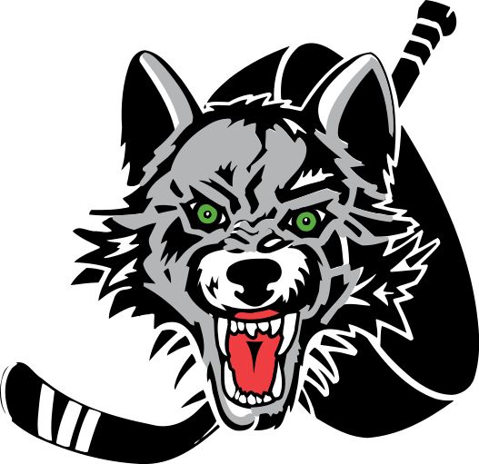 Fierce gray wolf mascot with green eyes, bared teeth, and hockey stick behind head.