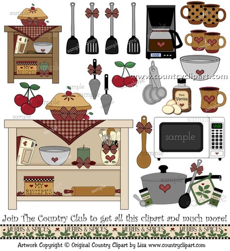 Country-style kitchen clipart featuring pies, cherries, utensils, coffee maker, microwave, and herbs & spices decor.