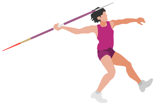 Athlete in magenta tank top and shorts throwing a javelin with dynamic motion.