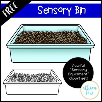 Free sensory bin clipart showing two illustrated containers-one filled with brown beans, one with gray pebbles-labeled "Sensory Bin" and "FREE".