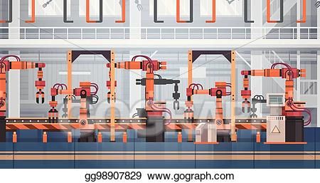 Modern automated factory assembly line with orange robotic arms performing precision tasks on a conveyor belt.