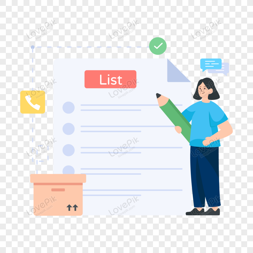 A woman holding a giant pencil stands beside a checklist labeled "List", with icons for phone, box, speech bubble, and checkmark.