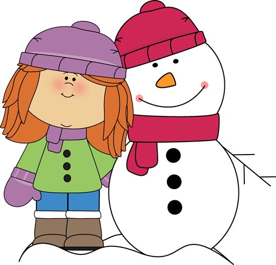 A cheerful girl in winter clothes stands beside a smiling snowman wearing a red hat and scarf.