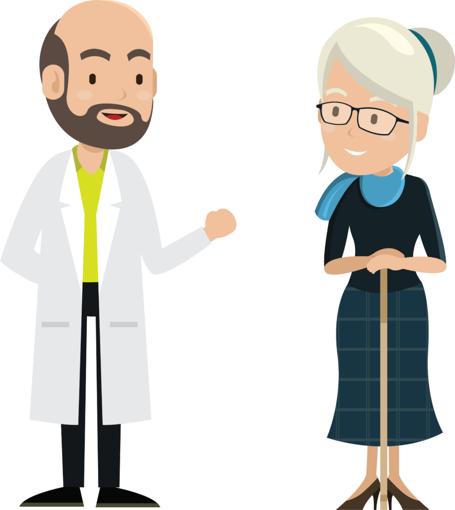 A male doctor in a white coat speaks with an elderly woman using a cane, both smiling.