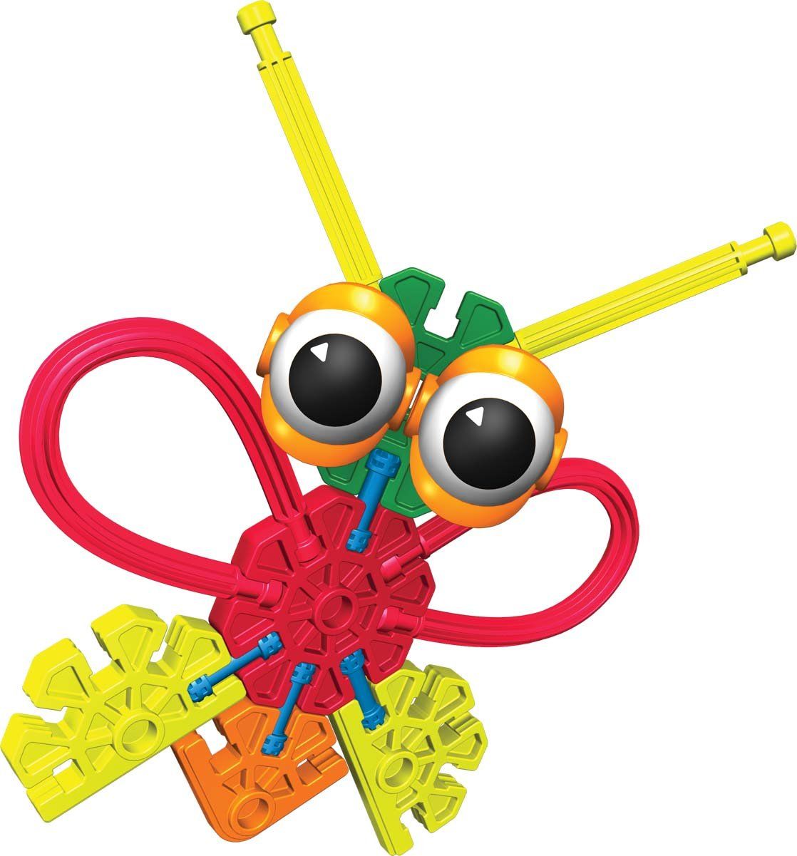 Colorful K'NEX creature with googly eyes, yellow antennae, red loops, and snowflake-shaped limbs built from interlocking plastic pieces.