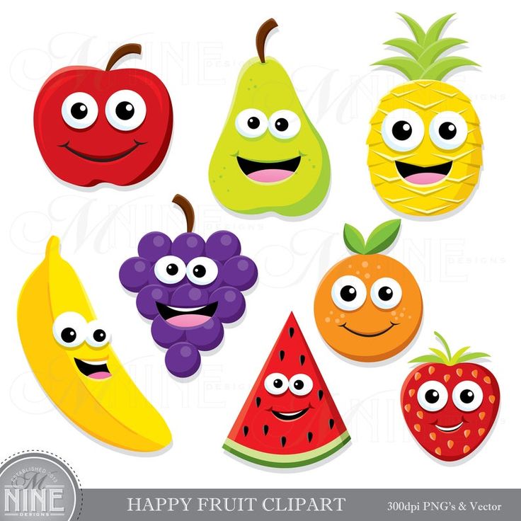 Smiling cartoon fruits including apple, pear, pineapple, banana, grapes, orange, watermelon slice, and strawberry-happy fruit clipart.