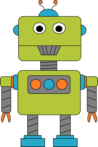 Friendly green cartoon robot with big eyes, orange and blue buttons, and segmented limbs.