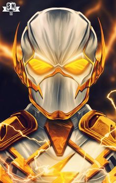 A silver and gold armored superhero with glowing yellow eyes and crackling lightning effects surrounding the torso.