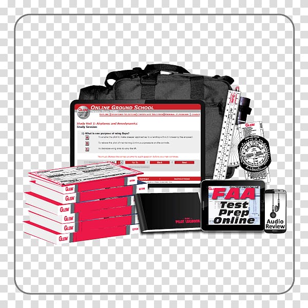 FAA test prep kit with books, tablet, compass, ruler, audio review, and carrying bag for pilot certification study.