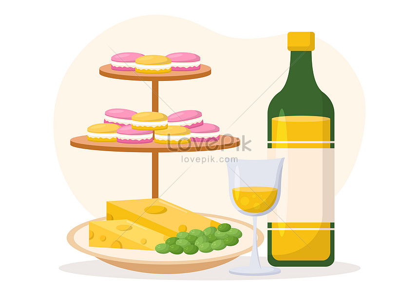 A tiered stand of pink and yellow macarons, cheese slices with green olives, a glass and bottle of white wine.