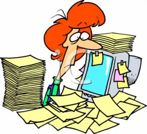Overwhelmed office worker buried in paper stacks and sticky notes at a cluttered desk.