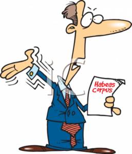 Stressed cartoon businessman holding "Habeas Corpus" document, arms flailing in panic.