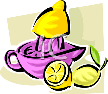 Purple citrus juicer with a yellow lemon being squeezed, plus sliced and whole lemons beside it.