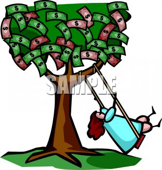 A cartoon person swinging on a rope from a tree whose leaves are dollar bills, symbolizing financial abundance or easy money.