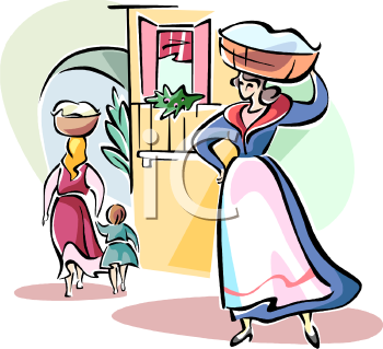 Two women in traditional attire carrying baskets on their heads, one with a child, near a doorway with a plant and flag.