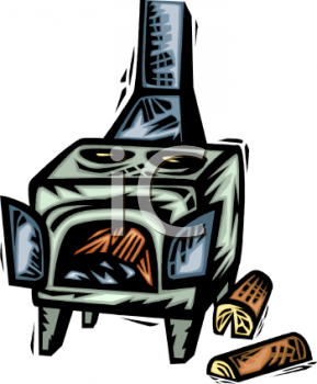 Stylized wood-burning stove with glowing fire, open door, and logs beside it.