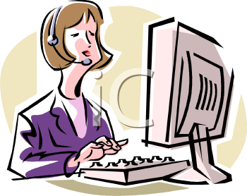 Female customer service agent wearing headset, typing on keyboard at computer workstation.