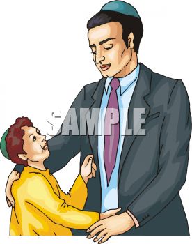 A smiling man in a suit and kippah gently places his hand on a child’s shoulder while the child looks up at him.