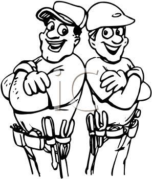 Two smiling construction workers in hard hats and tool belts, arms crossed, ready for work.
