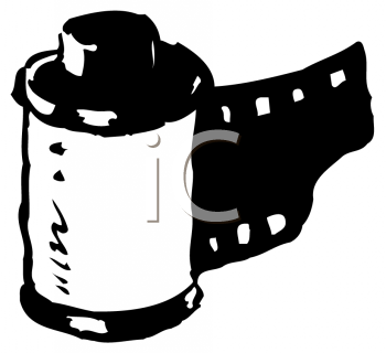 Black-and-white stylized illustration of a film reel with an unspooled strip of 35mm film.