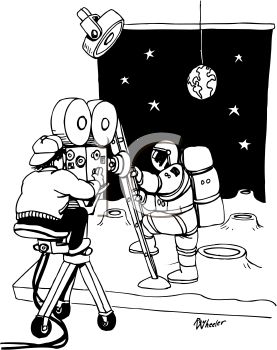 Cartoon of a filmmaker shooting an astronaut on a moon set with Earth hanging from ceiling and studio lights.