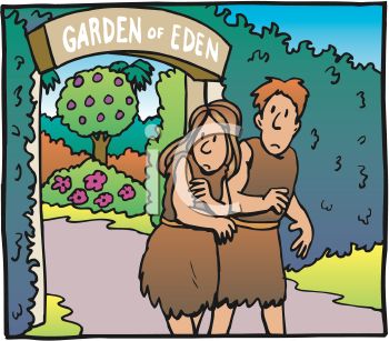 Adam and Eve stand ashamed outside the Garden of Eden gate, wearing fig leaves, with a sorrowful expression.