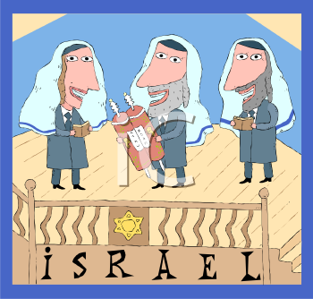 Three cartoon rabbis in traditional garb stand behind a wooden railing with “ISRAEL” and a Star of David inscribed below.