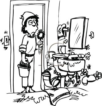 A cartoon person holding a bucket and flower, standing in a flooded, messy bathroom with broken fixtures and water everywhere.