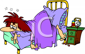 Tired cartoon woman with messy hair lying in bed, looking exhausted beside a nightstand with medicine and alarm clock.