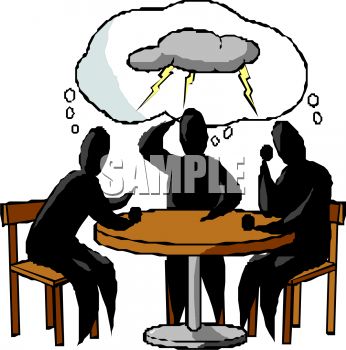 Three silhouetted people at a table with a storm cloud thought bubble above, symbolizing anxiety or negative group thinking.