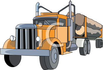 Vintage orange semi-truck hauling logs with chrome grille and dual exhaust pipes.