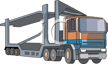 Blue and orange car carrier truck with empty multi-level trailer, vector illustration.