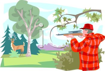 Hunting Scene Illustration - Hunter Aiming at Deer in Woodland Setting