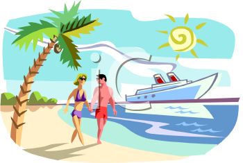A couple in swimwear walking along a sunny tropical beach with a palm tree and a motorboat in the background.