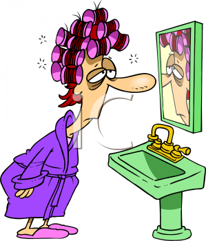 Morning Routine Struggles - Cartoon Illustration of Exhausted Woman with Hair Rollers