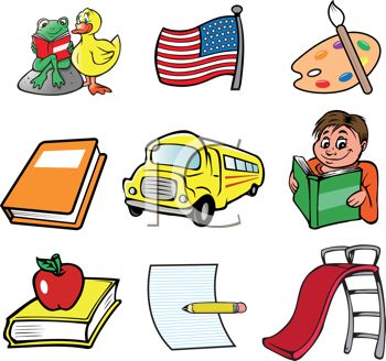 Nine colorful educational clipart icons including books, school bus, apple, flag, and children reading.