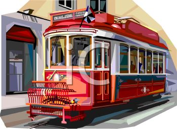 Vibrant red and cream vintage tram with ornate details, parked on a European street beside a building with arched windows.
