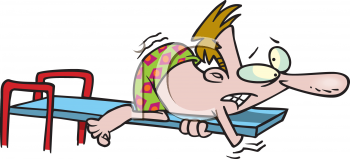 Cartoon man in swim trunks nervously diving off a springboard into water.