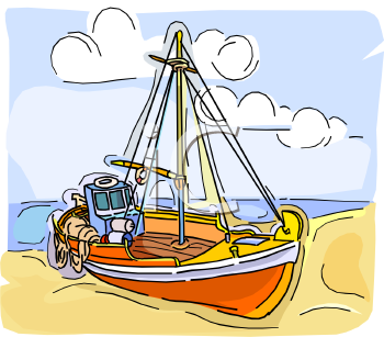 Colorful hand-drawn sailboat resting on sandy beach under cloudy sky