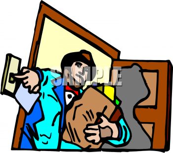 A person in a blue jacket holds a brown paper bag and points toward a light switch while standing in a doorway.