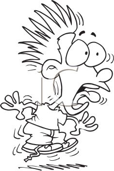 Cartoon boy with spiky hair screaming in panic while losing balance on a skateboard.