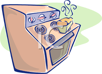 Vintage-style beige stove with four coil burners, oven, and steaming pot on top.