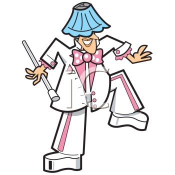 Cartoon magician in white suit with pink trim, blue lampshade hat, holding wand and striking a pose.