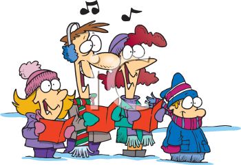 Four cheerful cartoon carolers singing in winter clothes with musical notes above.
